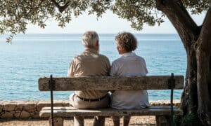 un couple profitant de la vue sur la mer depuis un banc sous un arbre