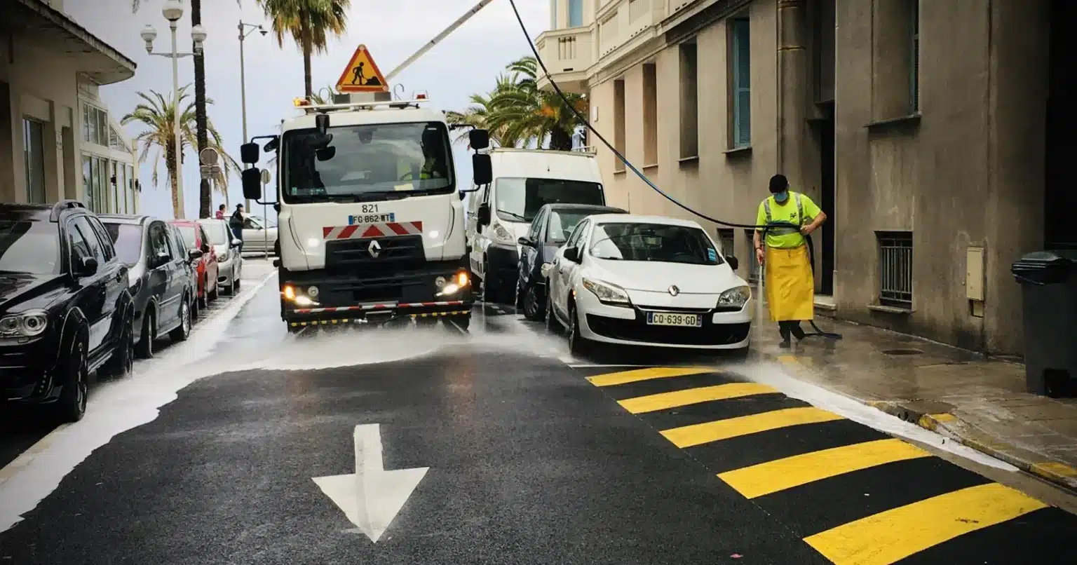 Nice : que l’on fiche la paix aux agents de la propreté, réclame la campagne Estrosi aux autres candidats de l’élection municipale vue d'un camion de propreté rue de Nice